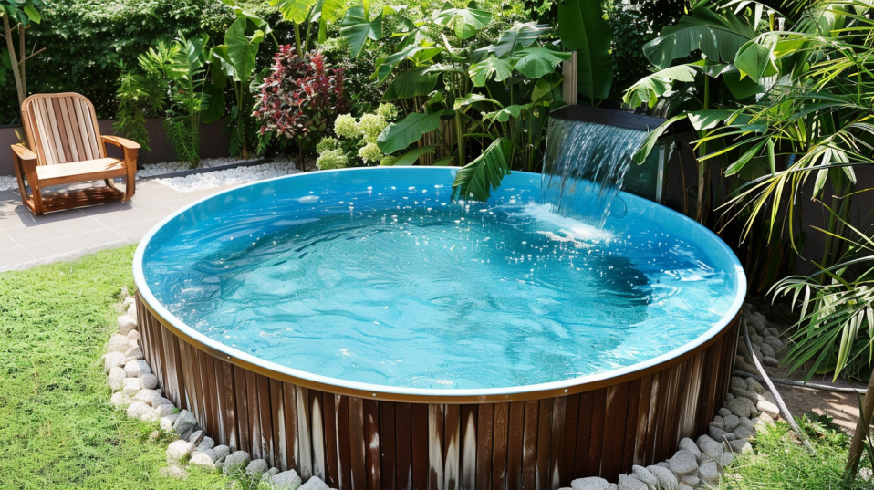 above ground pool with waterfall feature
