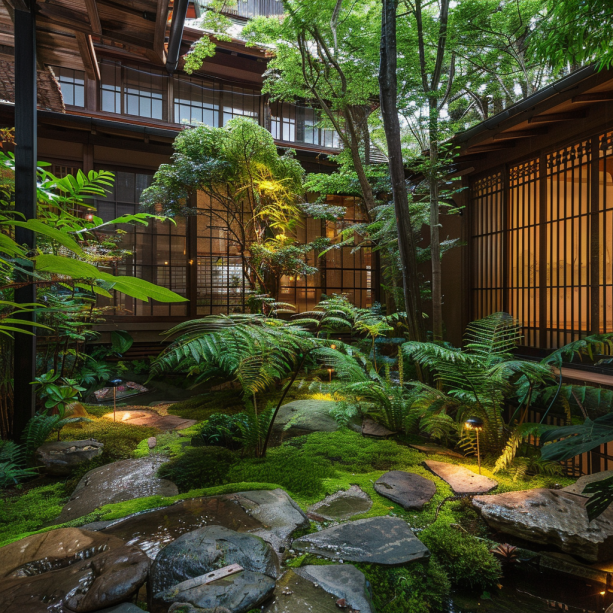 backyard, Japanese garden, shady, ferns, mosses, integrated lighting.