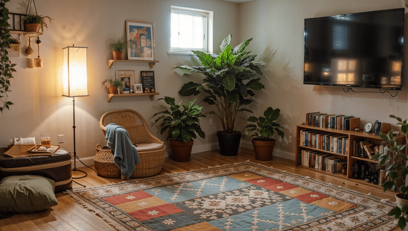 basement room tv with indoor plants-