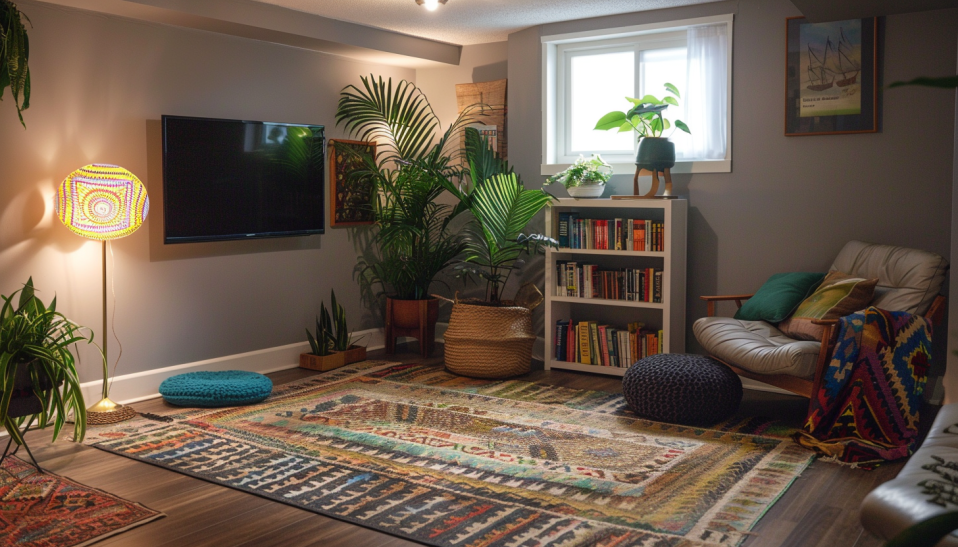 basement room tv with indoor plants