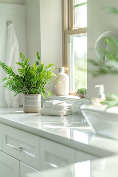 bathroom countertop adorned with a plant low light required