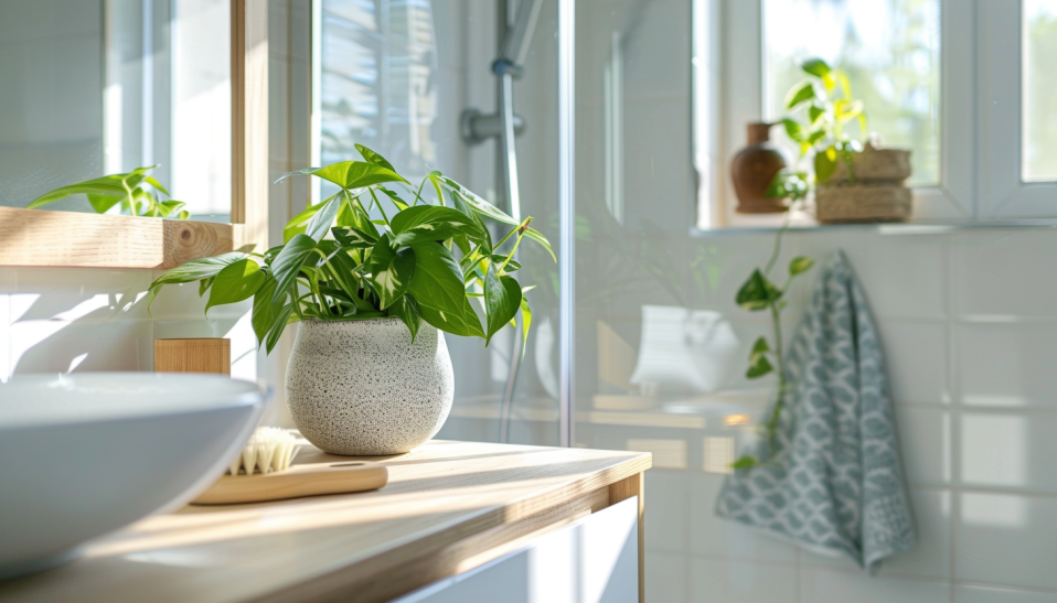 bathrroom windowsill adorned with a single Pothos plant low light