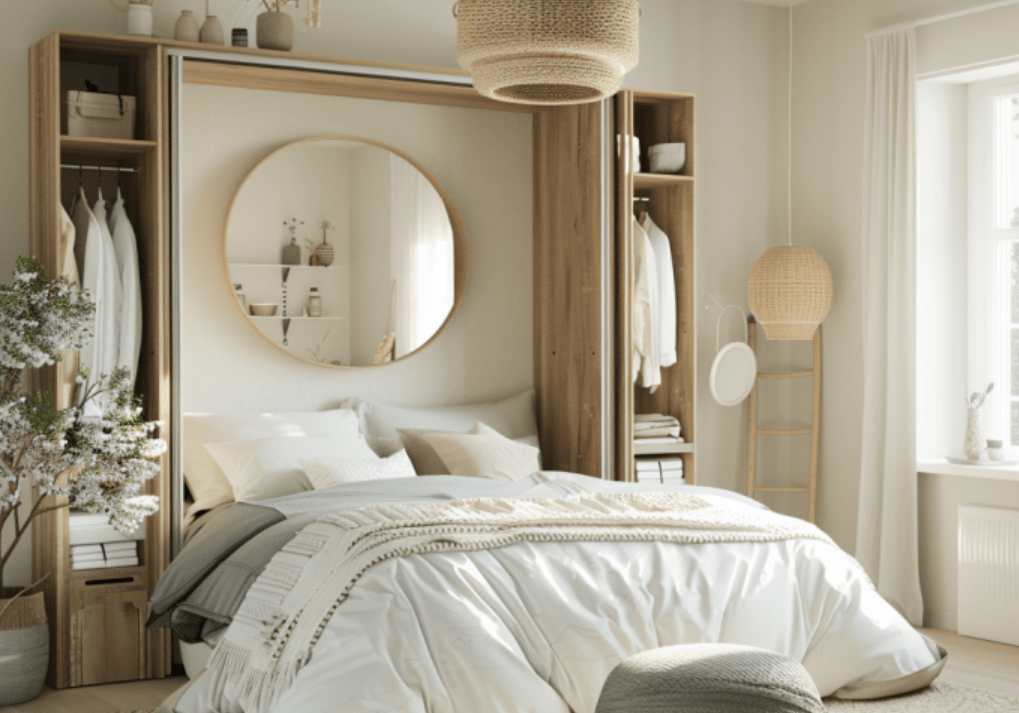 bedroom feel bigger with mirror, light colours and murphy bed
