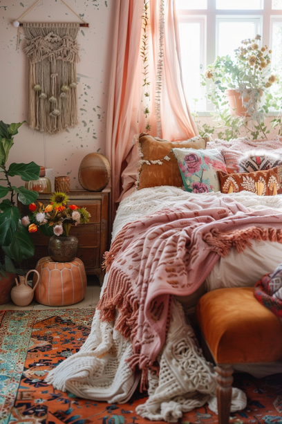 boho bedroom decor, color schemes, warm neutrals, soft pastels, bold color
