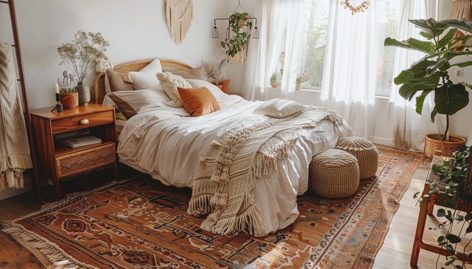 boho bedroom decor, layered rugs, textured bedding, macramé curtain