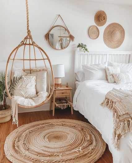 boho bedroom decor, layered rugs, textured bedding, macramé curtains