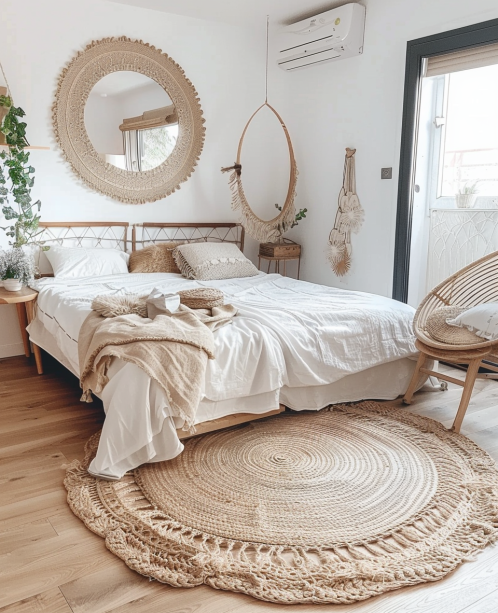 boho bedroom decor, layered rugs, textured bedding, macramé curtains....