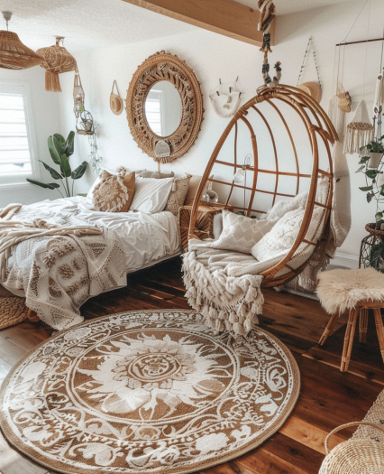 boho bedroom decor, layered rugs, textured bedding, macramé curtains...
