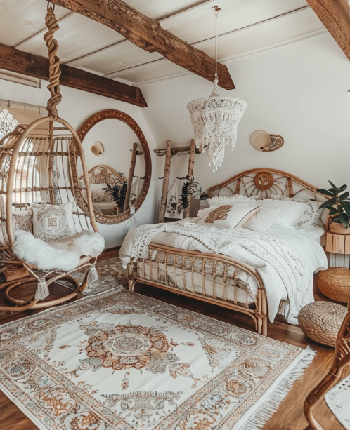 boho bedroom decor, layered rugs, textured bedding, macramé curtains.