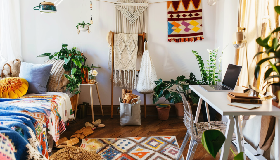 boho bedroom, folding desk, expandable table, small space, vibrant textiles, houseplants