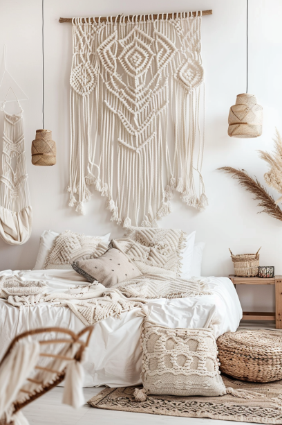 boho bedroom, macramé wall hangings, intricate patterns, artisanal decor.