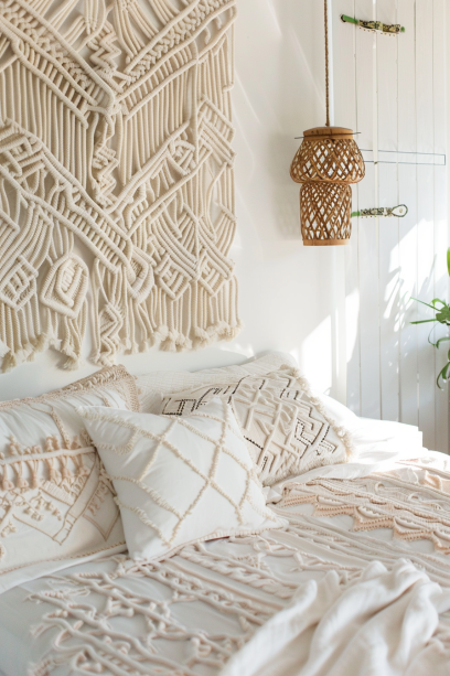 boho bedroom, macramé wall hangings, intricate patterns, artisanal decor