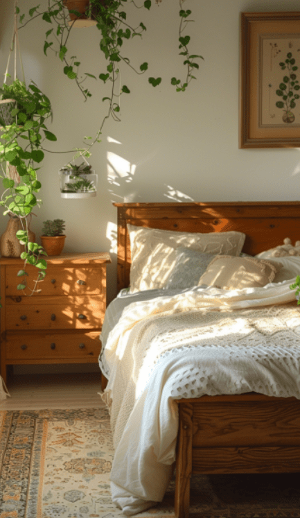 boho bedroom, natural elements, succulents, hanging terrariums, natural wood furniture