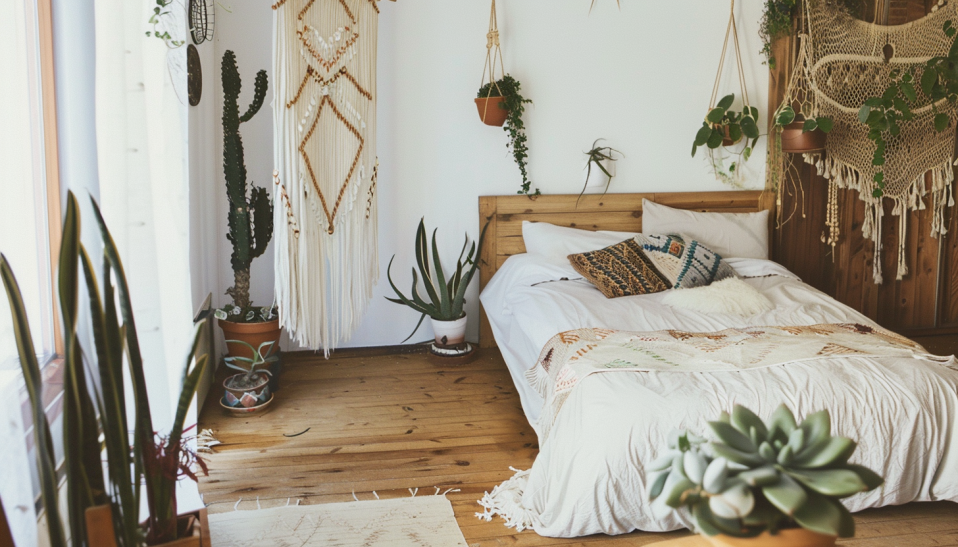 boho bedroom, natural elements, succulents, hanging terrariums, natural wood furniture.