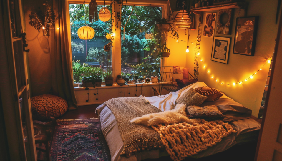 boho bedroom, small space, fairy lights, warm lighting, wall sconces, hanging pendants
