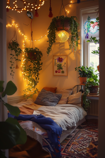 boho bedroom, small space, fairy lights, warm lighting, wall sconces, hanging pendants.