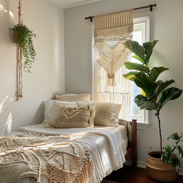 boho bedroom, small space, large wall hanging, decorative plant, interior design.