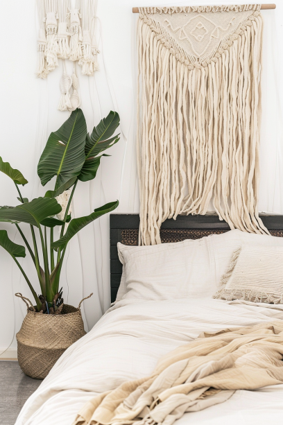 boho bedroom, small space, large wall hanging, decorative plant, interior design