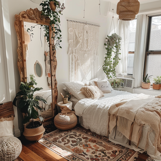 boho bedroom, small space, vertical storage, multipurpose furniture, mirrors style wall