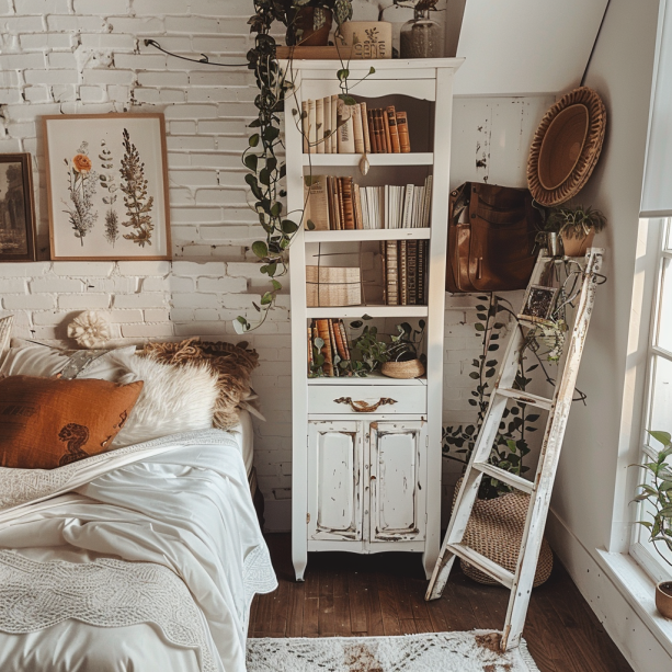 boho bedroom, vertical space, narrow bookcase, armoire, decorative ladder, small space design