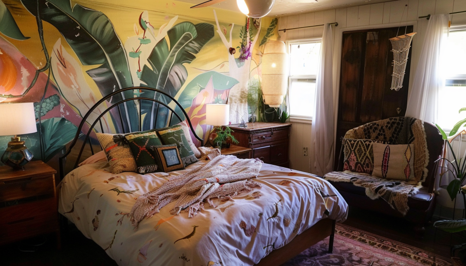 boho bedroom, vintage, DIY, hand-painted mural, thrift store lamps, handmade throw pillows art