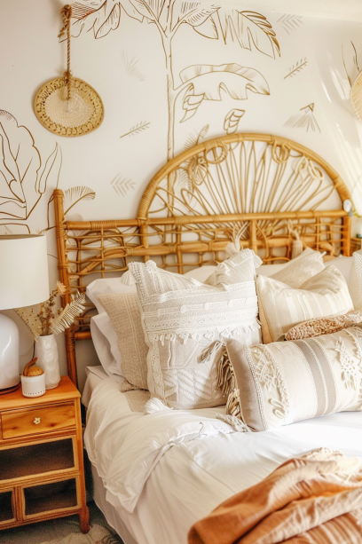 boho bedroom, vintage, DIY, hand-painted mural, thrift store lamps, handmade throw pillows minimalism art wall