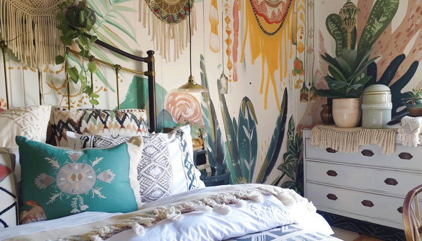 boho bedroom, vintage, DIY, hand-painted mural, thrift store lamps, handmade throw pillows wall art