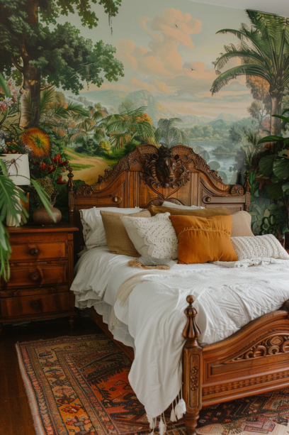 boho bedroom, vintage, DIY, hand-painted mural, thrift store lamps, handmade throw pillows.