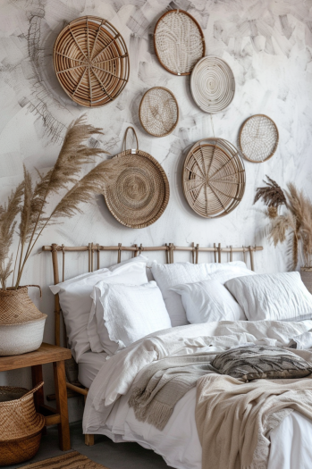 boho bedroom, wall decor, woven baskets, artisanal touch, earthy ambiance.