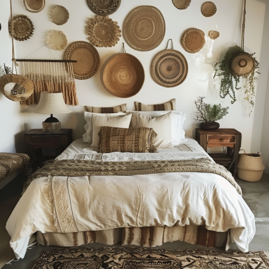 boho bedroom, wall decor, woven baskets, artisanal touch, earthy ambiance