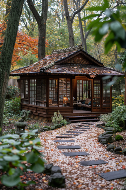 charming wooden tea house, surrounded by a neatly raked gravel garden and shaded by elegant Japanese maples