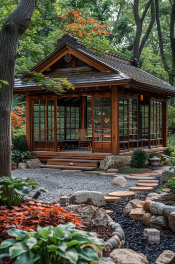 charming wooden tea house, surrounded by a neatly raked gravel garden