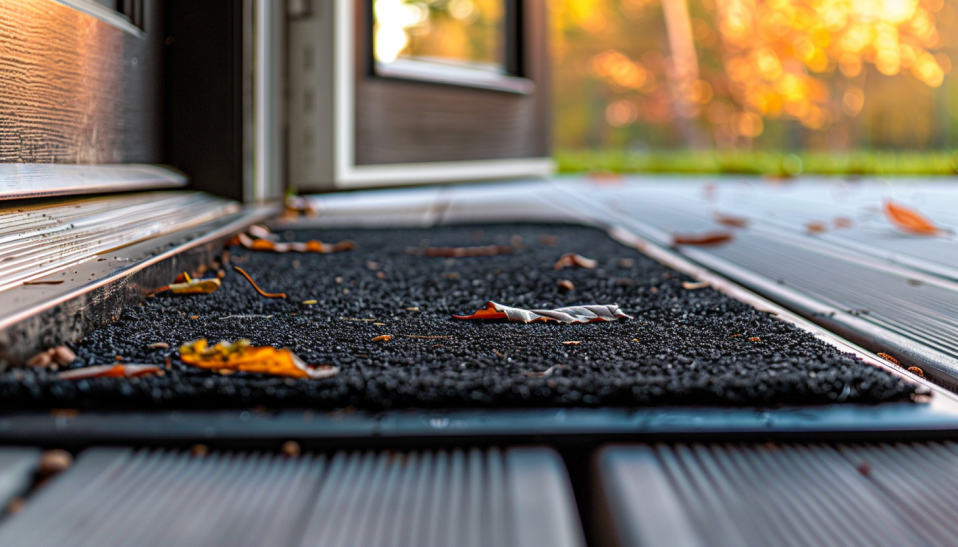 closeup entrance mat, rubber-backed mat, dirty entrance rug, residential doorstep mat.-