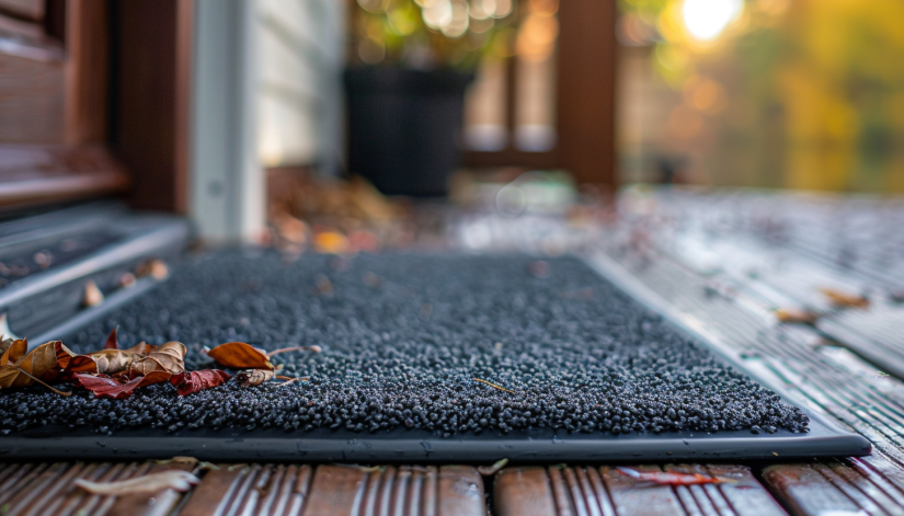 closeup entrance mat, rubber-backed mat, dirty entrance rug, residential doorstep mat..