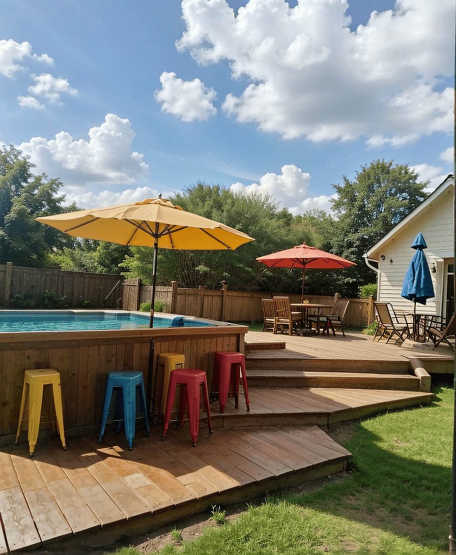 colorful outdoo patio with above ground pool, umbrella