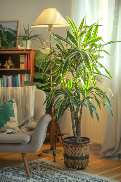 corner in an urban apartment, showcasing a magnificent Dracaena plant