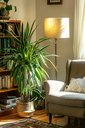 corner in an urban apartment, showcasing a magnificent Dracaena plant.