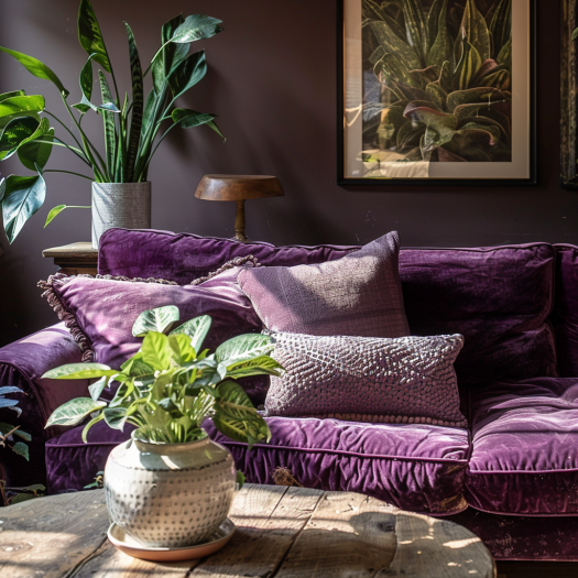 cozy dim lit ornamentaa living room purple sofa with low light and plants