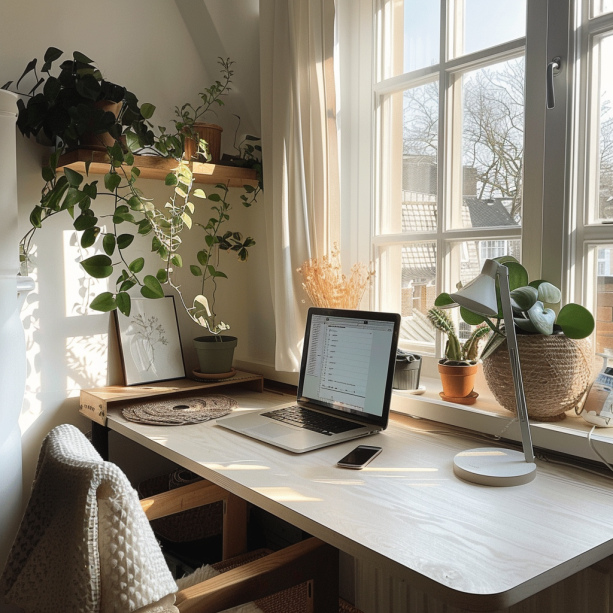 cozy home office with low light plants decor next to window sills