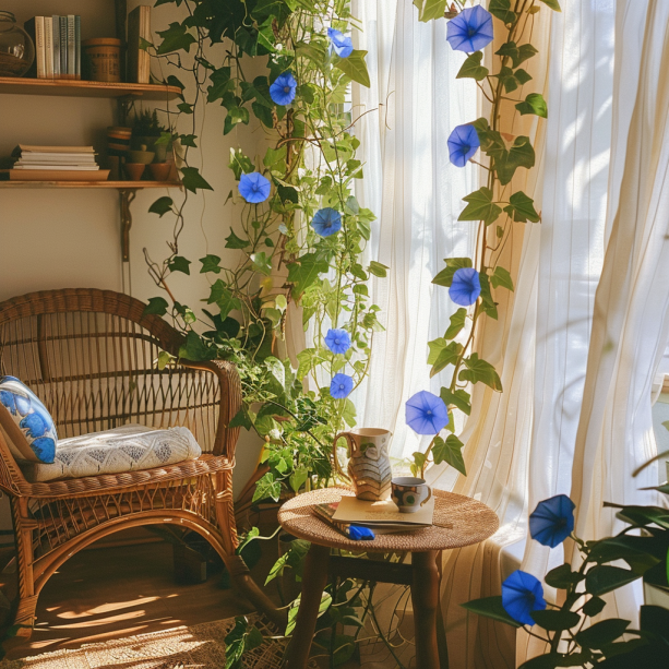 cozy living room, indoor hanging plants, Morning Glory, serene atmosphere, sunlight, woven wicker chair