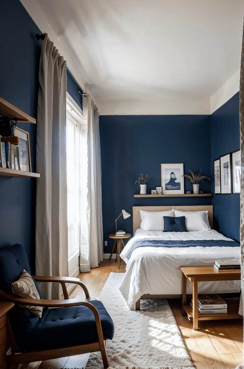 dark colors work in a small bedroom.