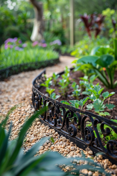 detailed shot of iron lawn edging enclosing a traditional English garden