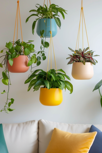 eclectic living room, colorful hanging pots, indoor plants, spider plants, Boston ferns, vibrant decor