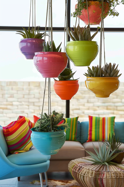 eclectic living room, colorful hanging pots, indoor plants, spider plants, Boston ferns, vibrant decor.