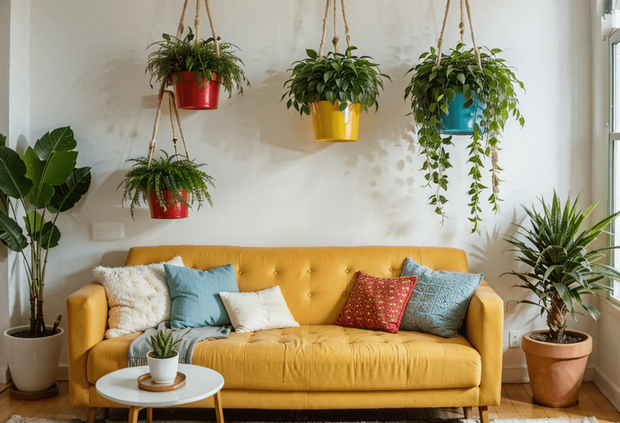 eclectic living room, colorful hanging pots, indoor plants
