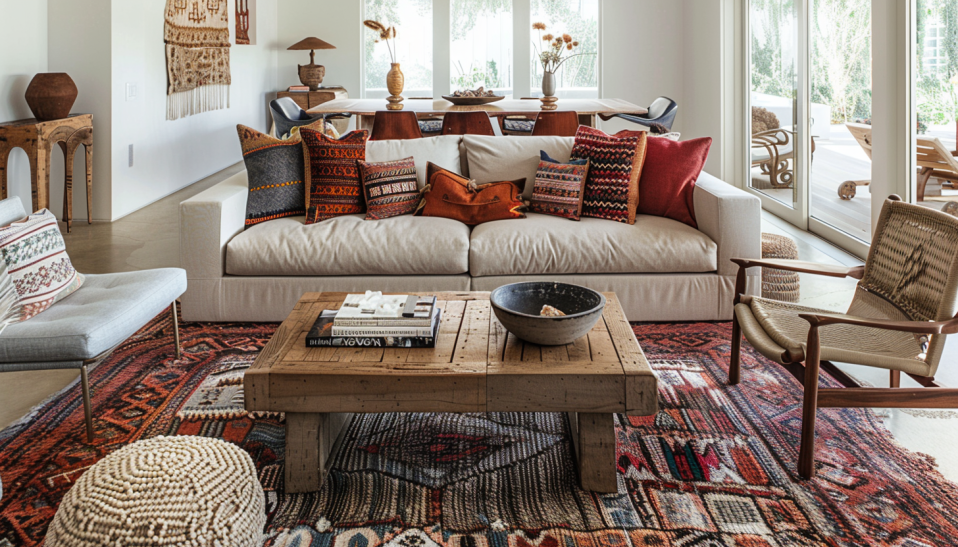 eclectic living room, mismatched furniture, colorful throw pillows, unified interior design