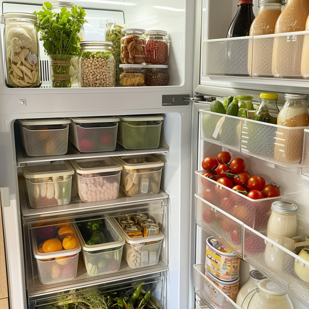 fridge organization, under shelf baskets, modular storage, space-saving, groceries organized