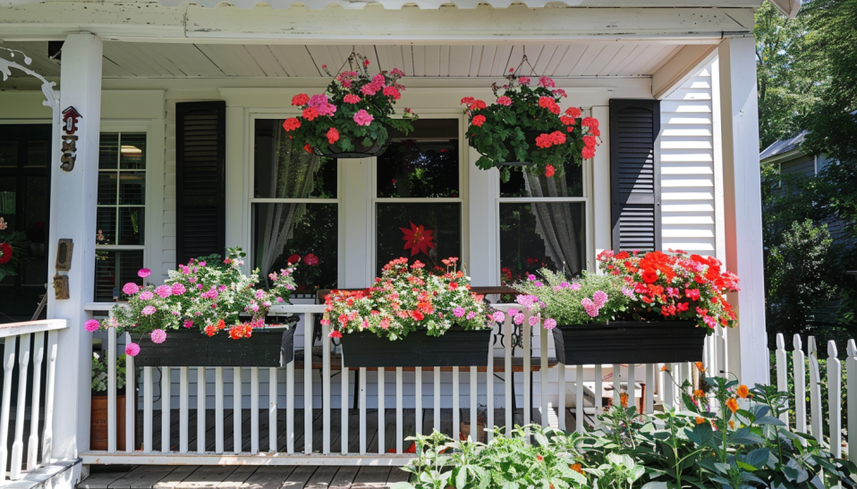 front porch with window boxes seasonal flowers