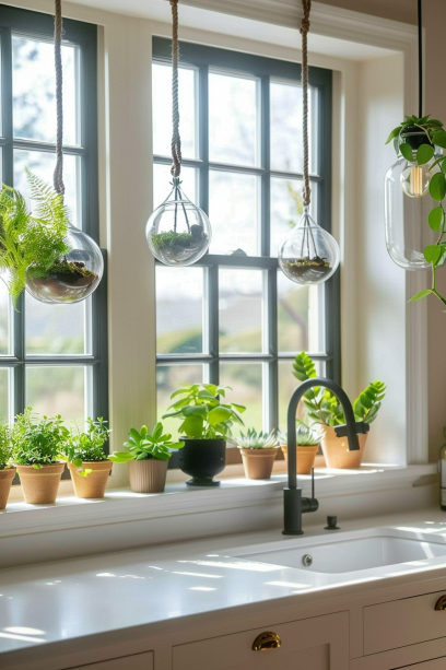 indoor hanging plants, glass terrariums, window backdrop, serene living room, sunlight through leaves.