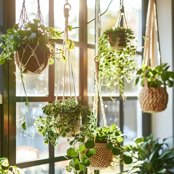 indoor hanging plants, sunlit room, grow lights, assorted planters, natural light, tranquil indoor garden